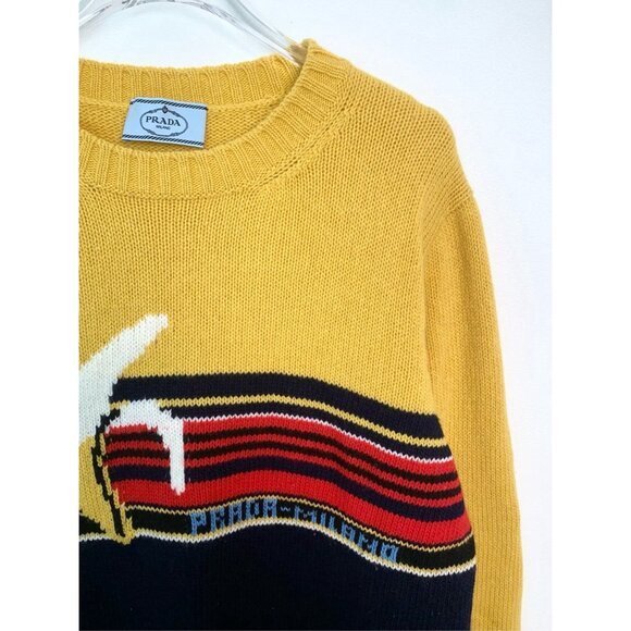 Prada Banana Inset Striped Crew Neck Long Sleeve Knit Sweater Yellow/Navy - Picture 3 of 6